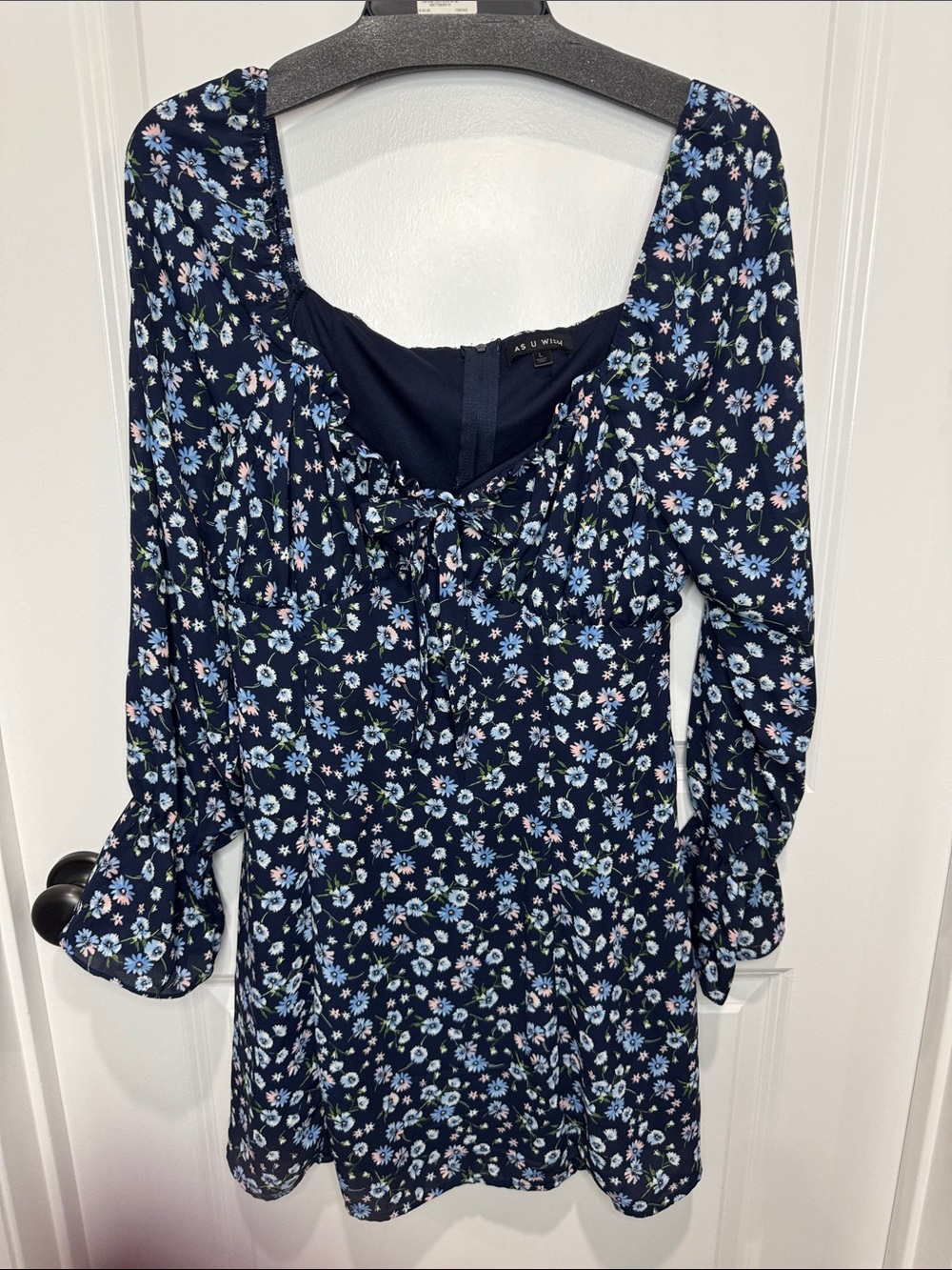 As U Wish Navy Floral Long-Sleeve Mini Dress